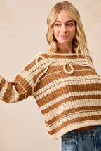 BiBi Striped Open Knit Sweater Top with Front Braided Detail