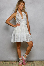 POL Halter Lace Patch Ruffle Mini Dress with Adjustable Tie on Back