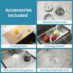 Stainless Steel Kitchen Sink, 36″x22″ Single Bowl, Overmount Handmade Sink in Brushed, with Cutting Board, Colander, Grid, SS-BR01-362208