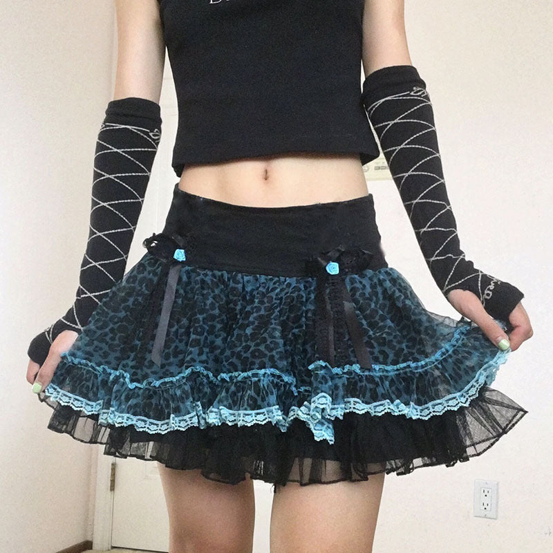Tight Waist Leopard Print Lace Bow Umbrella Skirt A-Line Skirt Women