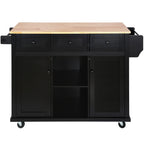Kitchen Cart with Rubber wood Drop-Leaf Countertop ,Cabinet door internal storage racks,Kitchen Island on 5 Wheels with Storage Cabinet and 3 Drawers for Dinning Room, Black