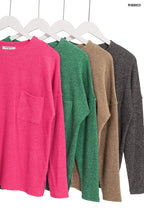 Zenana Ribbed Brushed Melange Hacci Sweater with Chest Pocket