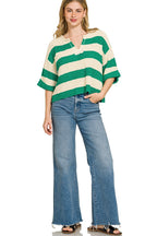 Zenana Split Neck Stripe Sweater