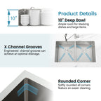 33'x19' Embedded Double Bowl Kitchen Sink, Undermount Handmade Sink in Brushed (Sink only)