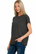 Zenana Raised Rib Front Pocket Boxy Top
