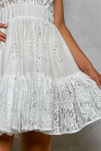 POL Halter Lace Patch Ruffle Mini Dress with Adjustable Tie on Back