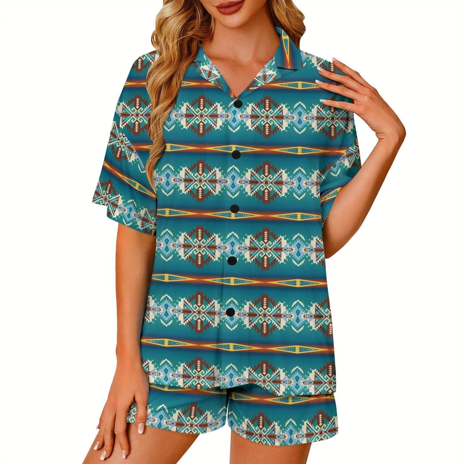 Baha Ranch Teal Aztec Women's Pajama Set Made in America Baha Ranch Western Wear