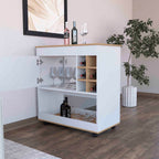 Texas Bar Cart, One Cabinet, Six Bottle Cubbies, One Lower Panel, Four Casters