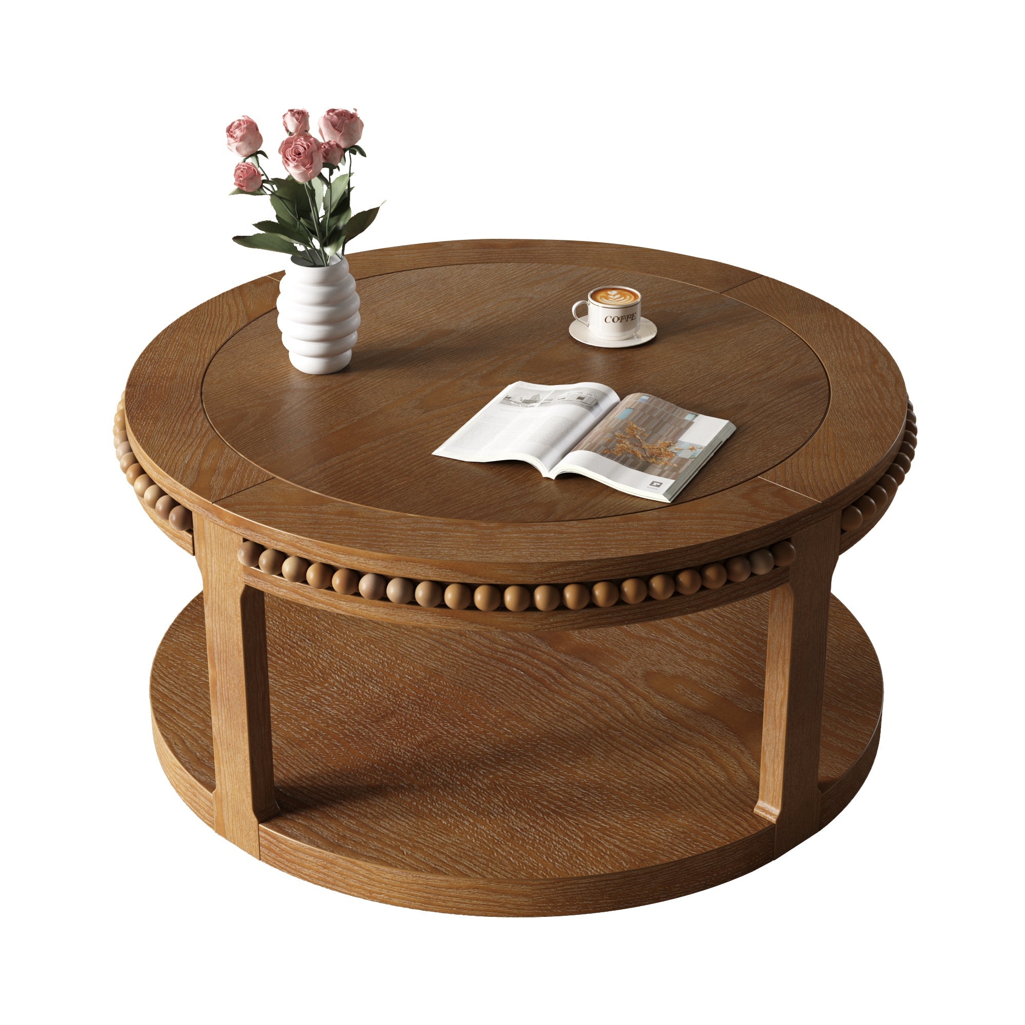 31.5 Inch Round Solid Wood Coffee Table & Sofa Table - Two-Tier Thickened Top, Sturdy Legs, Circle Table for Living Room (Walnut)