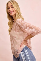 BiBi Bow Pattern Short Sleeves Boxy Mesh Top