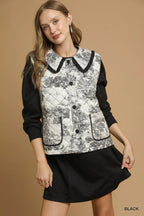 Umgee Toile Quilted Vest with Ruffle Collar
