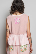 POL Floral Patch Ruffled Sleeveless Top with Raw Edge Detail