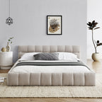 Modern Queen Size Upholstered Bed Frame with Headboard, Thick Chenille Fabric, Beige
