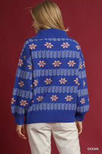 Umgee Floral Patterned Jacquard Quarter-Zip Pullover Sweater