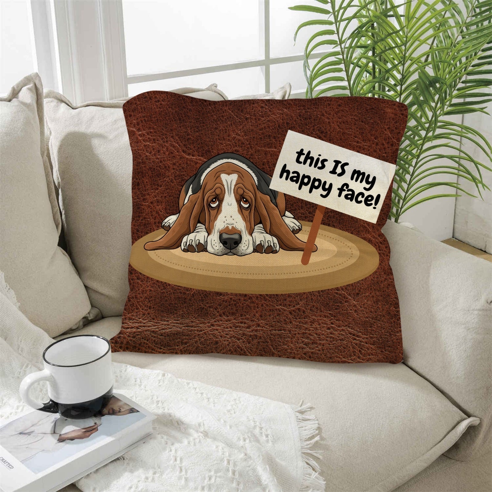 Baha Ranch Basset Hound This is My Happy Face Throw Pillow Case Made in America Baha Ranch Western Wear