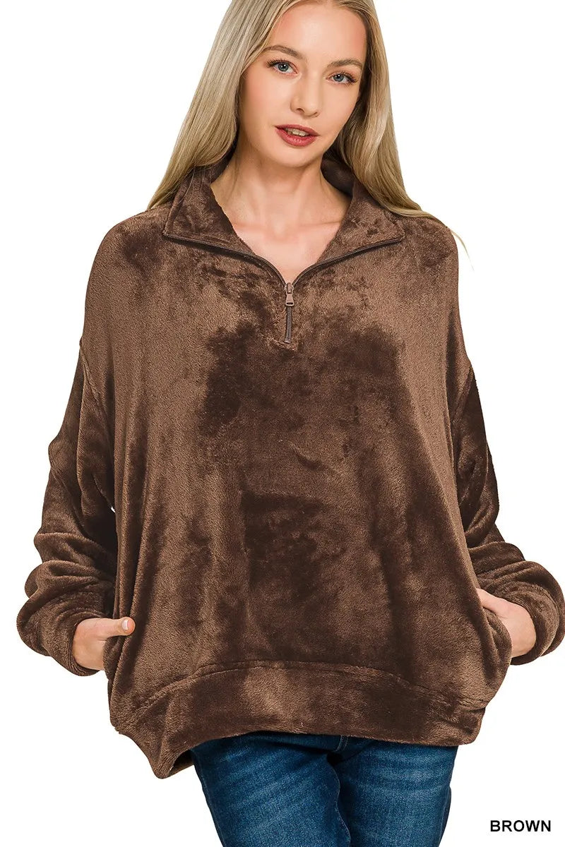 Zenana Faux Fur Half Zip Pocket Pullover