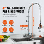 Commercial Faucet with Pre-Rinse Sprayer, 47' Height, 8' Center, 12' Swing Spout, Wall Mount Kitchen Sink Faucet, Brass Constructed Device with Pull Down Spray, for 1/2/3 Compartment Sink