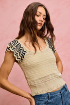 SO ME Wavy Textured Knit Top With Fluttered Sleeves