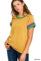 Zenana Mardi Gras Raised Rib Contrast Trim Top