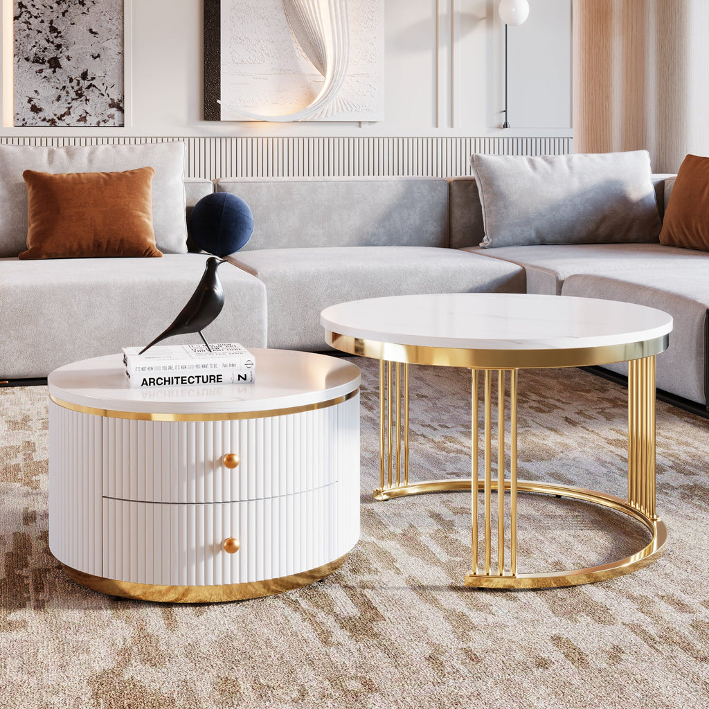 Modern 2 Pieces White Round Nesting Coffee Table with Drawers in 27.6''