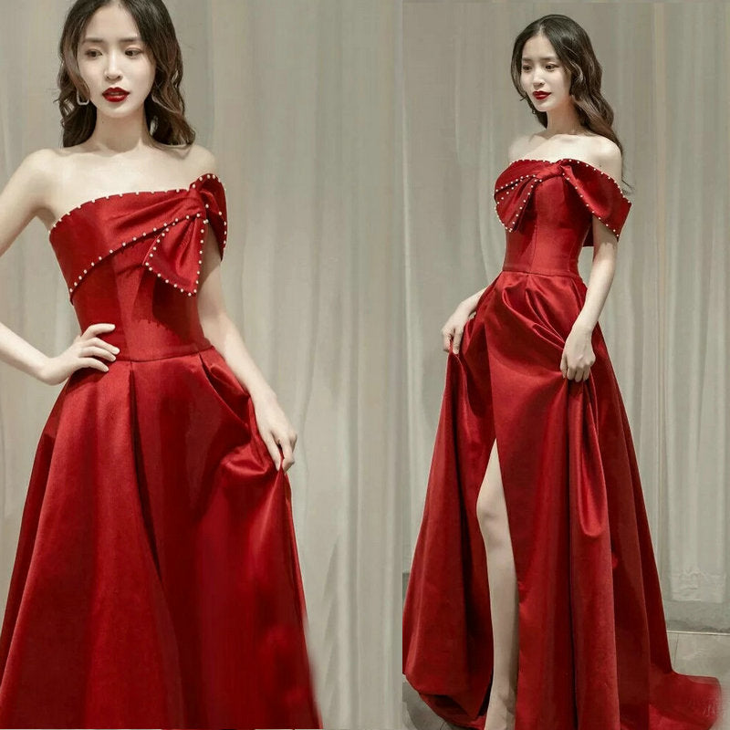 French Satin Ladies Banquet Temperament Wedding Evening Dress