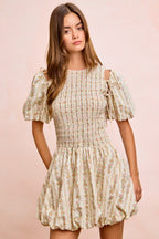 BiBi Floral Bow Tie Attachable Puff Sleeves Dress