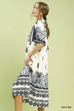 Umgee Border Print Midi Dress with Puff Sleeves