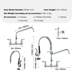 Commercial Faucet with Pre-Rinse Sprayer, 21' Height, 8' Center, 12' Swing Spout, Wall Mount Kitchen Sink Faucet, Brass Constructed Device with Pull Down Spray, for 1/2/3 Compartment Sink