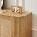 Contemporary Wave Shaped 64-Inch TV Stand with Rattan Doors in Natural Wood Finish