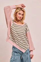 BiBi Stripe Mixed Top With Cut Edge And Reverse Outseam