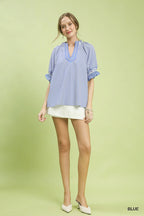 Umgee Stripe Ruffle Sleeve Split-Neck Blouse