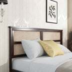 King Size Bed with Rattan Headboard, Two Storage Drawers, Rubber Wood Bed with Enhanced  Support Salts and Feet,Espresso