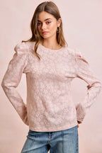 BiBi Textured Flower Knit Puff Shoulder Top