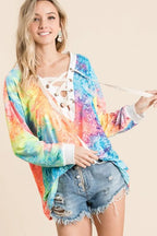 BiBi Tie Dye Deep V-neck Top With Lace Up Front