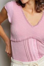POL V-Neck Lightweight Textured Short Sleeve Knit Top with Lace Trim