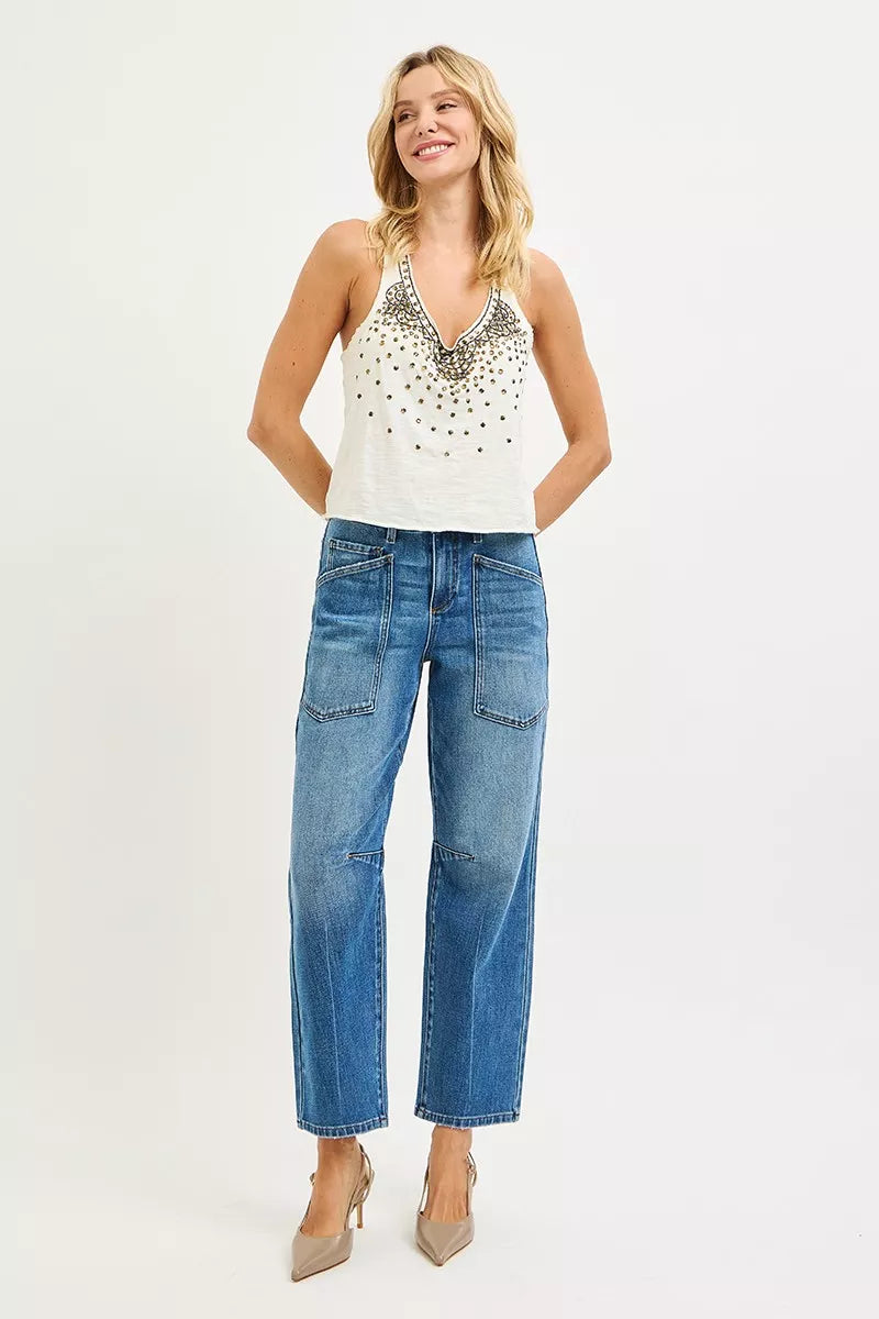 RISEN 4 Way Stretch Mid Rise Barrel Jeans with Patch Pocket Detail