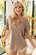 BiBi Mineral Washed V-Neck Cut Edge Detail Top