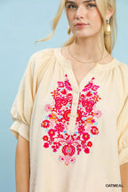 Umgee Embroidered Puff Sleeve Blouse