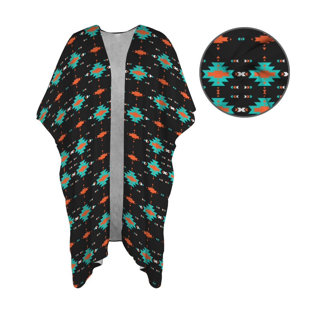 Baha Ranch Black Turquoise Orange Aztec Duster Kimono Coverup Baha Ranch Western Wear