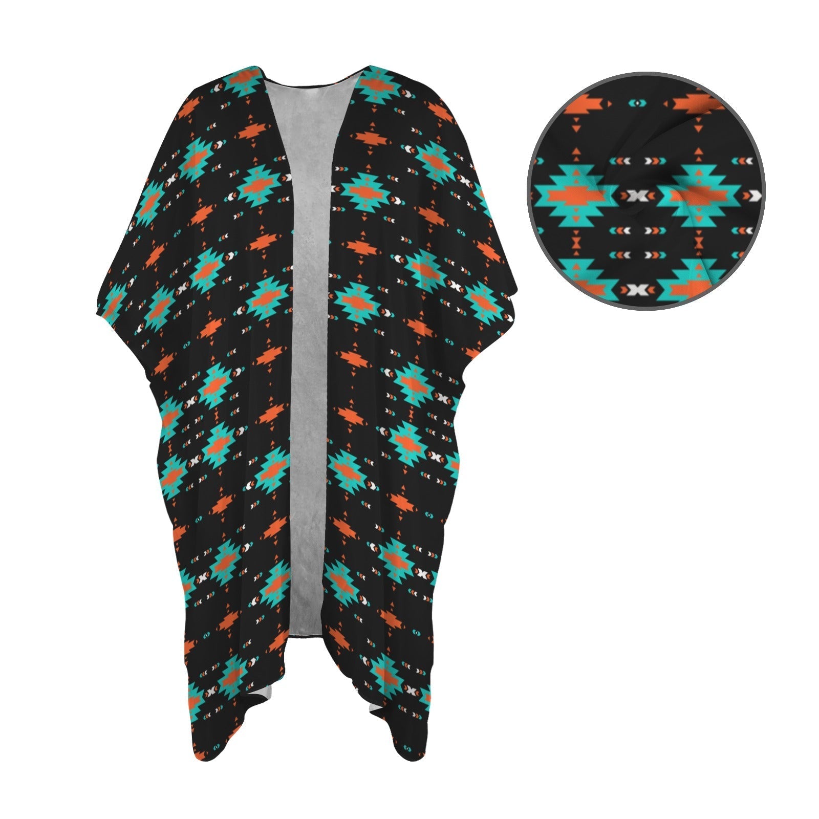 Baha Ranch Black Turquoise Orange Aztec Duster Kimono Coverup Baha Ranch Western Wear