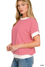 Zenana Stripe Contrast Trim Banded Bottom Top