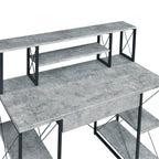 Grey and Black Office Desk with Open Shelves and Hutch