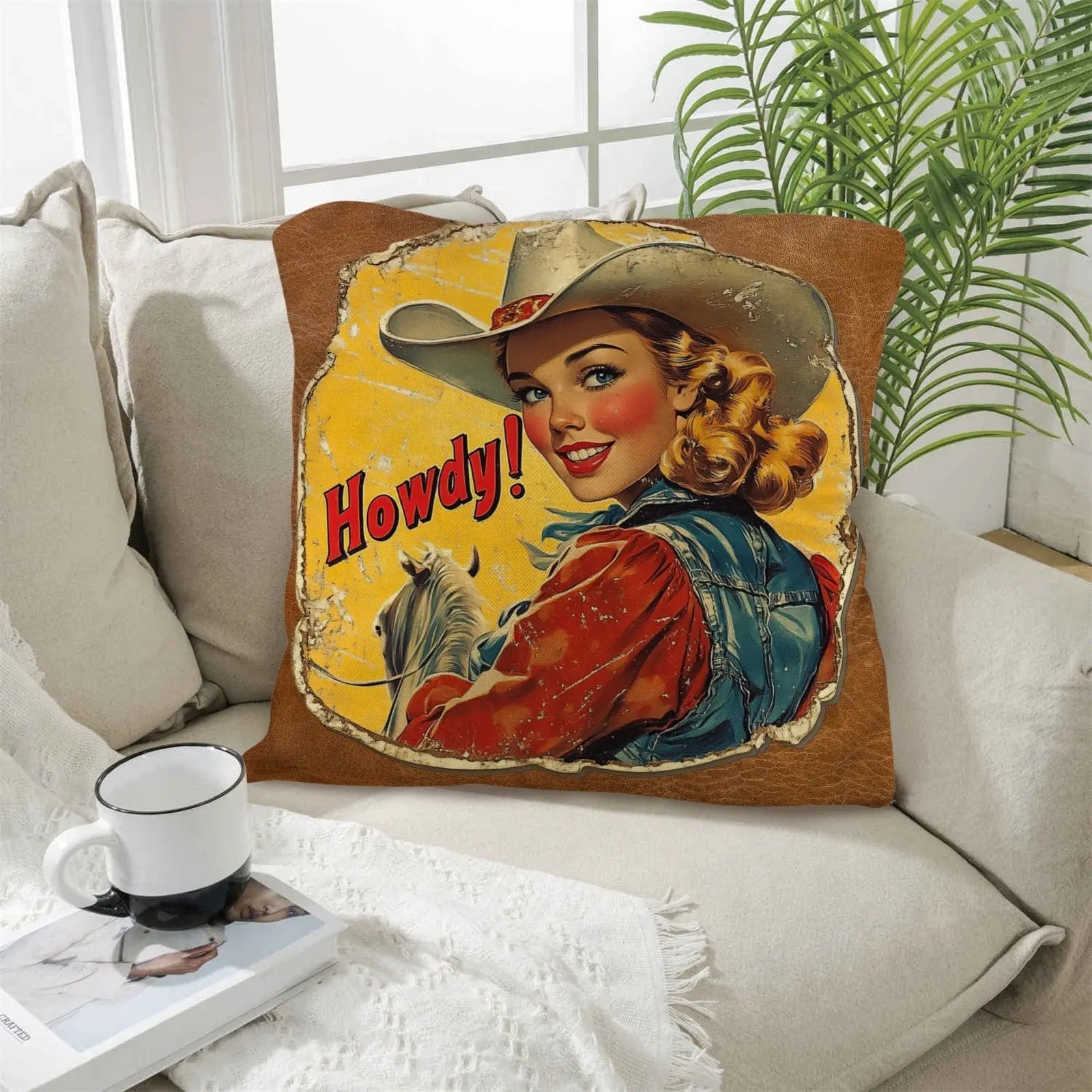 Vintage Cowgirl Howdy Throw Pillow 18 x 18 Made in America Baha Ranch Western Wear