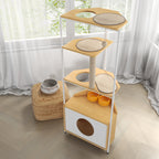 Modern Corner Cat Tower with Scratching Post, Cat Condo and Feeding Station, White and Light Oak Particle Board, 58.27-inch Height