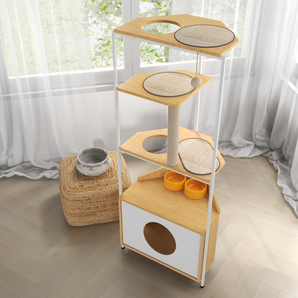 Modern Corner Cat Tower with Scratching Post, Cat Condo and Feeding Station, White and Light Oak Particle Board, 58.27-inch Height