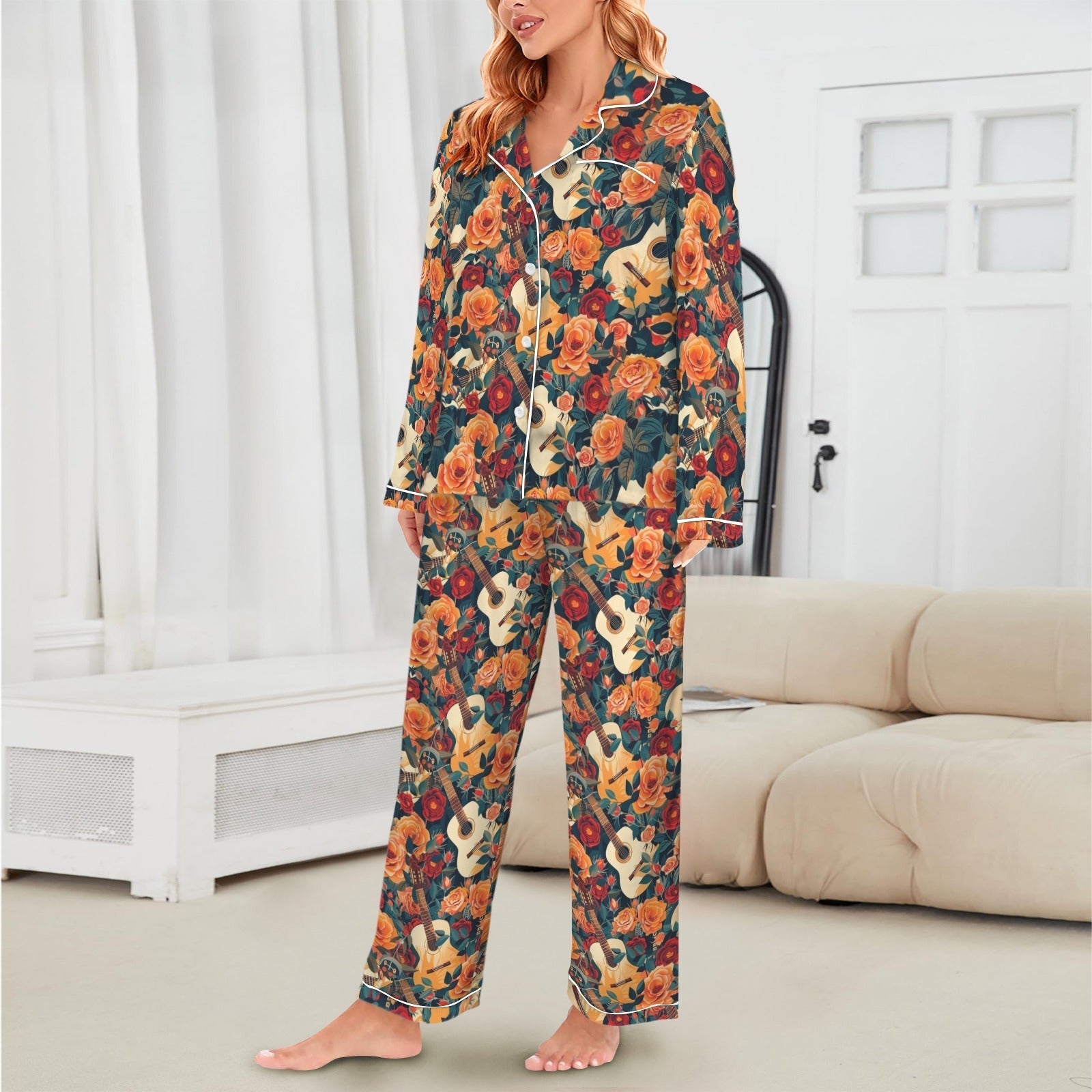 Baha Ranch Colores De Mexico Roses & Guitars Satin Pajamas Baha Ranch Western Wear
