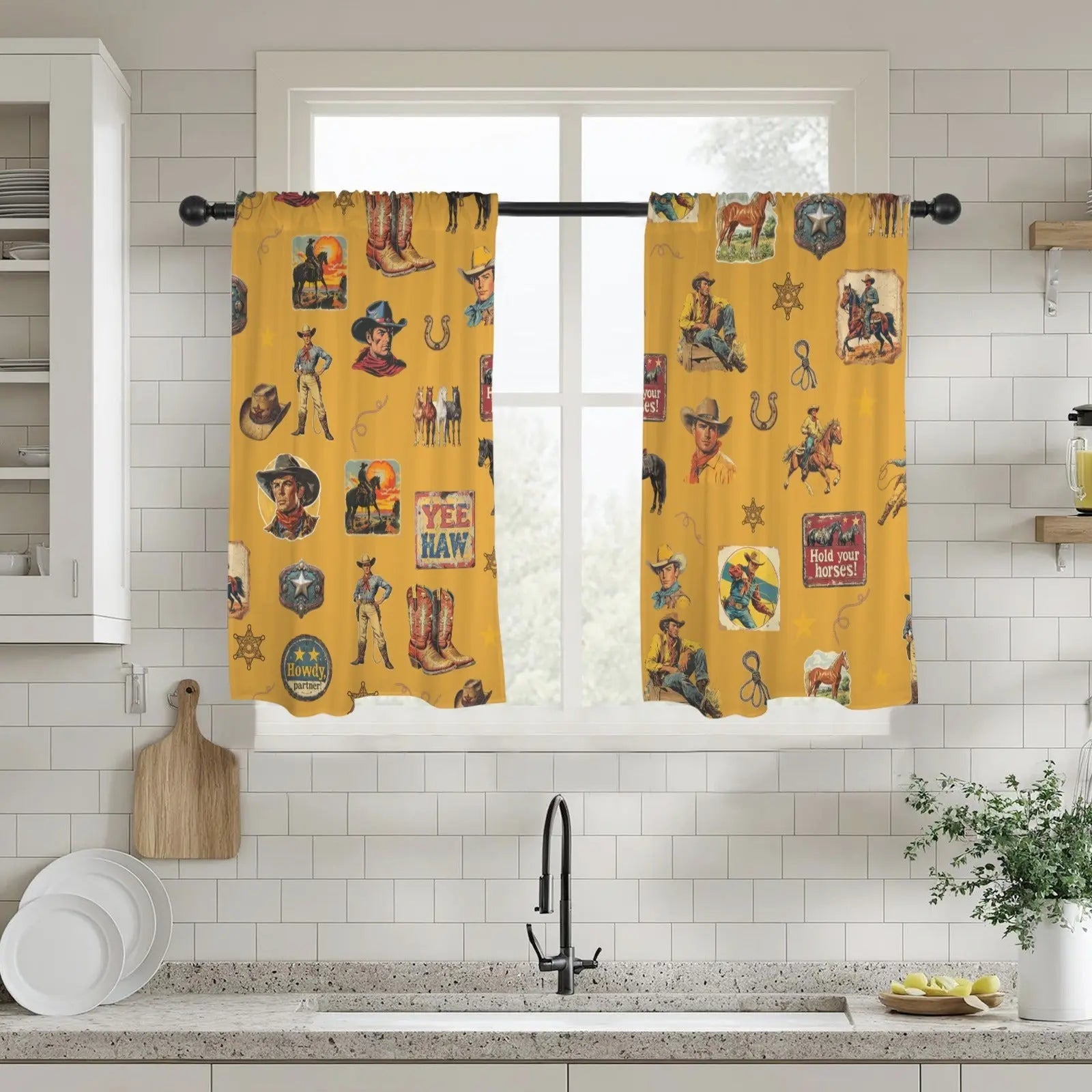 Vintage Cowboy Collage Western Curtains 28" x 40" Made in America Baha Ranch Western Wear