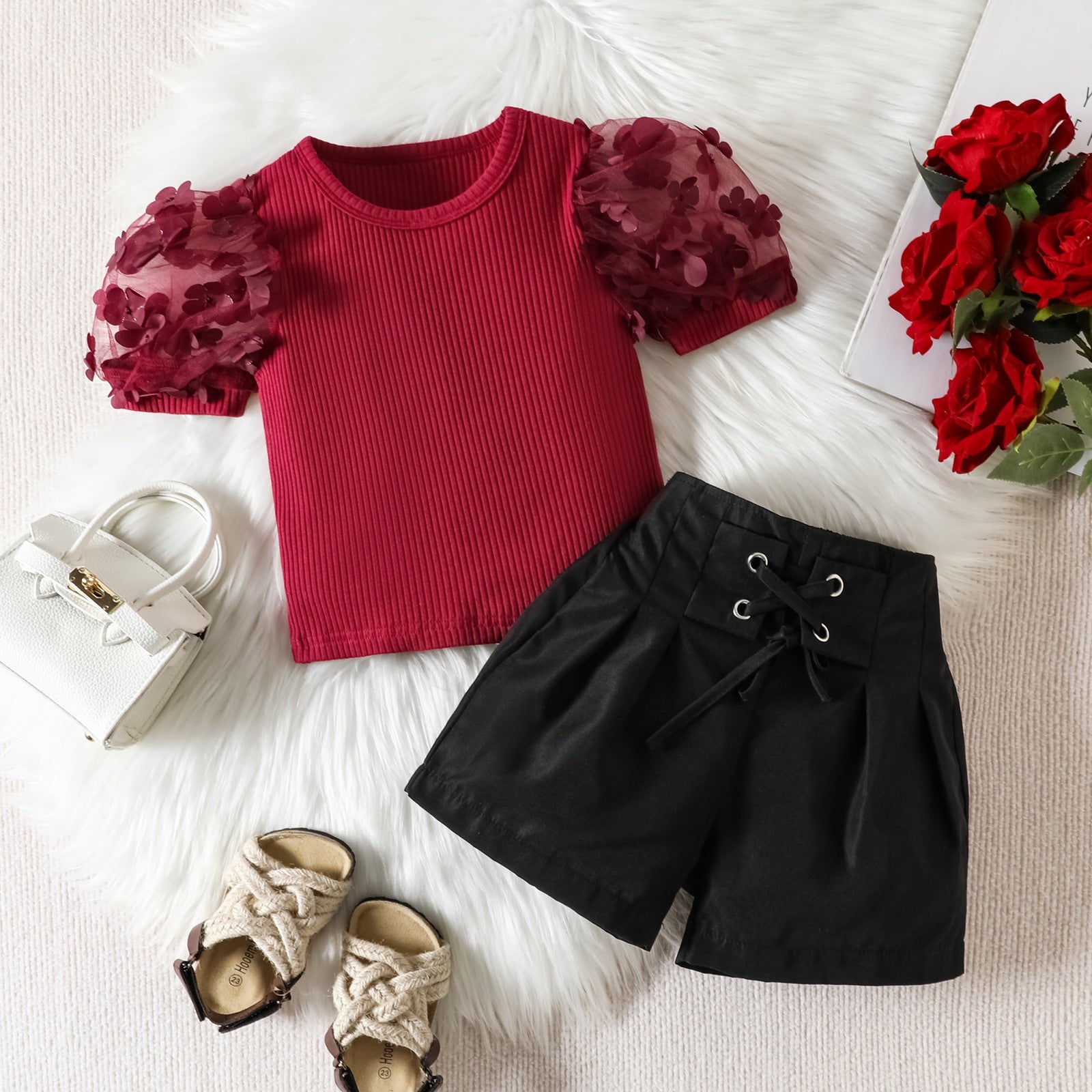 Summer Mesh Three-dimensional Petals Short Sleeve Shorts For Girls Suit