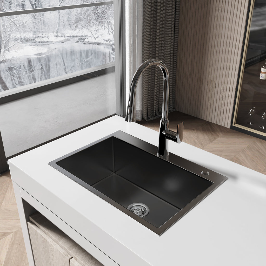 Stainless Steel Kitchen Sink, 27″x19″ Single Bowl, Overmount Handmade Sink in Black, with US Standard Drain and Hook, LS-SSBL01