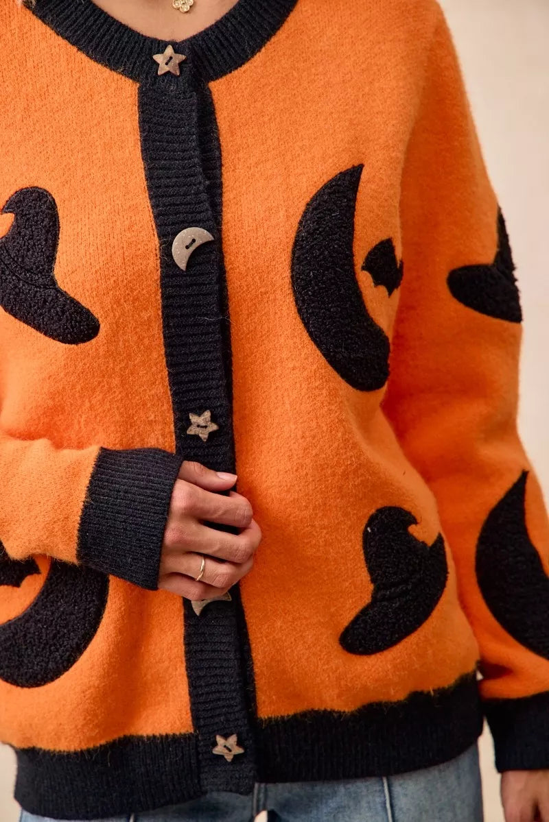 BiBi Halloween Witch Hat Moon Bat Artwork Cardigan